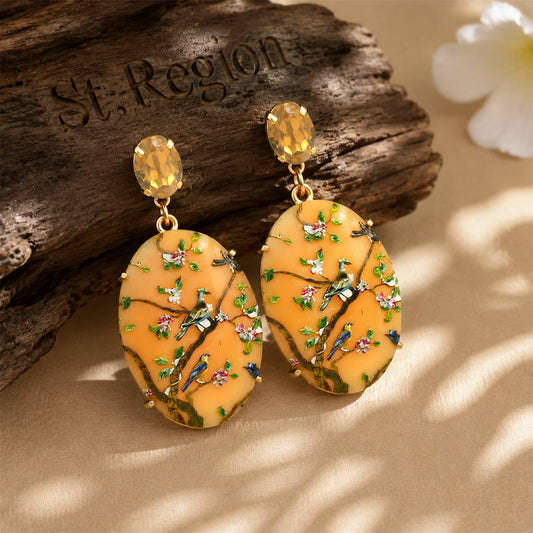 Beige Crystal & Resin Goldtone Bird Branch Oval Drop Earrings