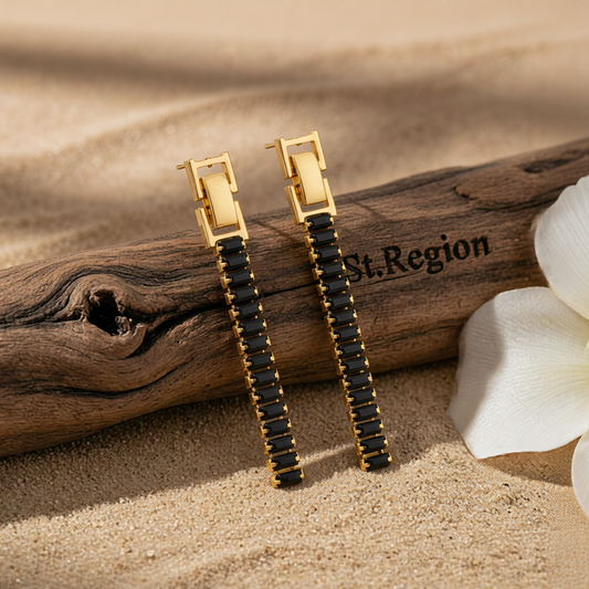 Black Crystal & Goldtone Belt Drop Earrings