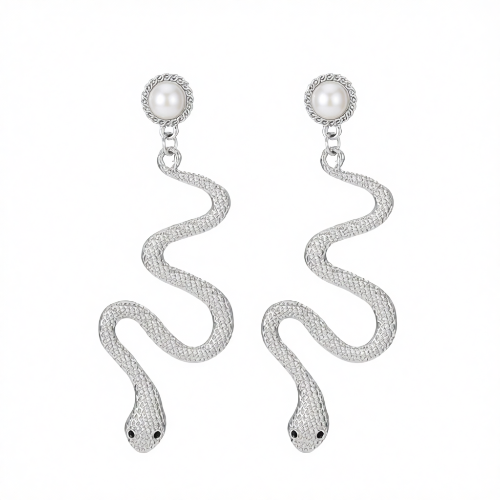 Pearl & Silvertone Snake Cut Drop Earrings