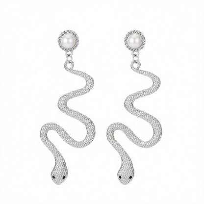 Pearl & Silvertone Snake Cut Drop Earrings