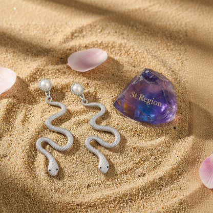 Pearl & Silvertone Snake Cut Drop Earrings