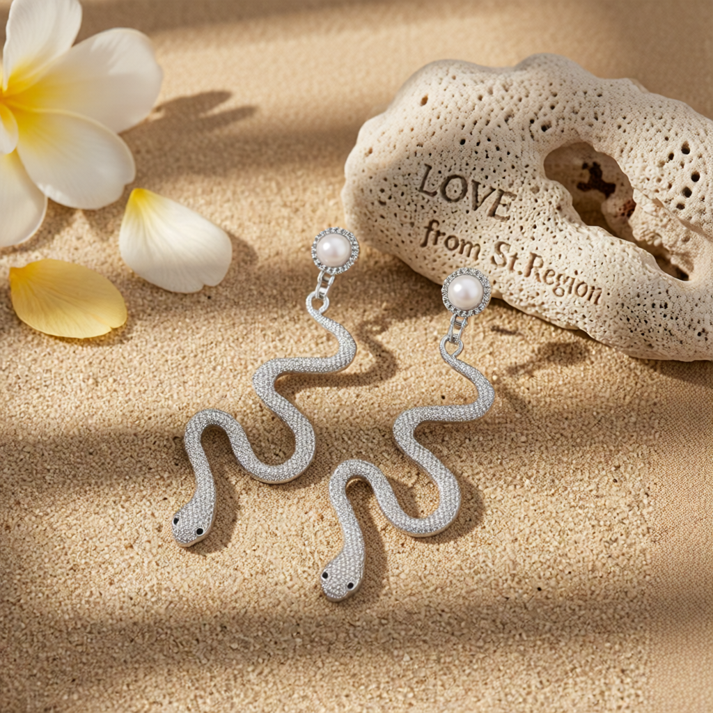 Pearl & Silvertone Snake Cut Drop Earrings