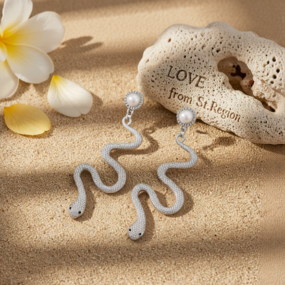 Pearl & Silvertone Snake Cut Drop Earrings