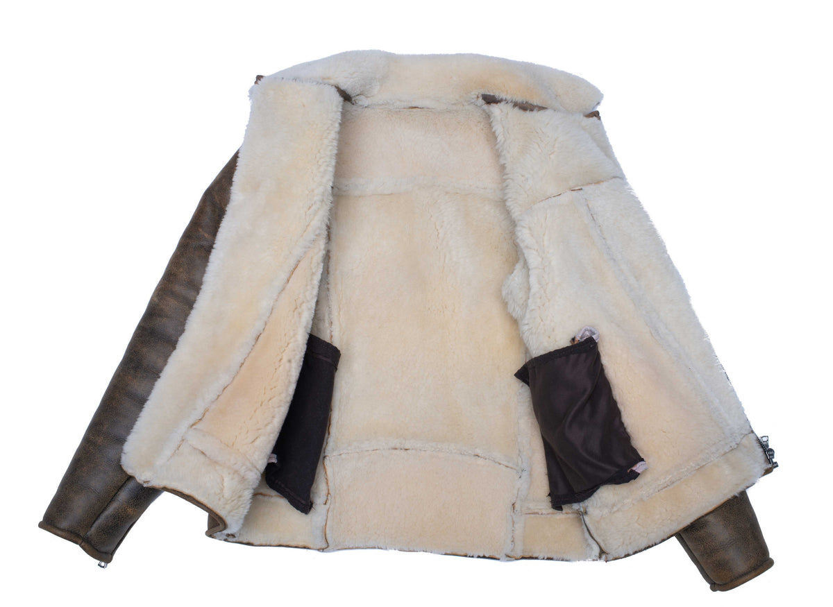 Carters Distressed Biker Bomber Shearling Jacket with Notch Lapels