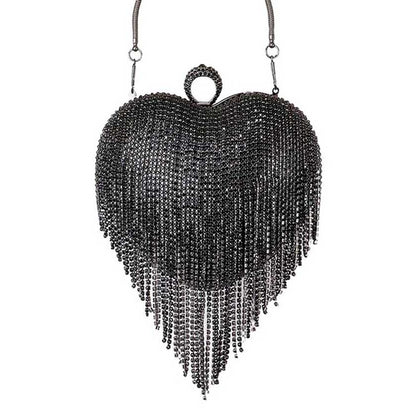 Rhinestone Fringe Heart Evening Tote Clutch Crossbody Bag