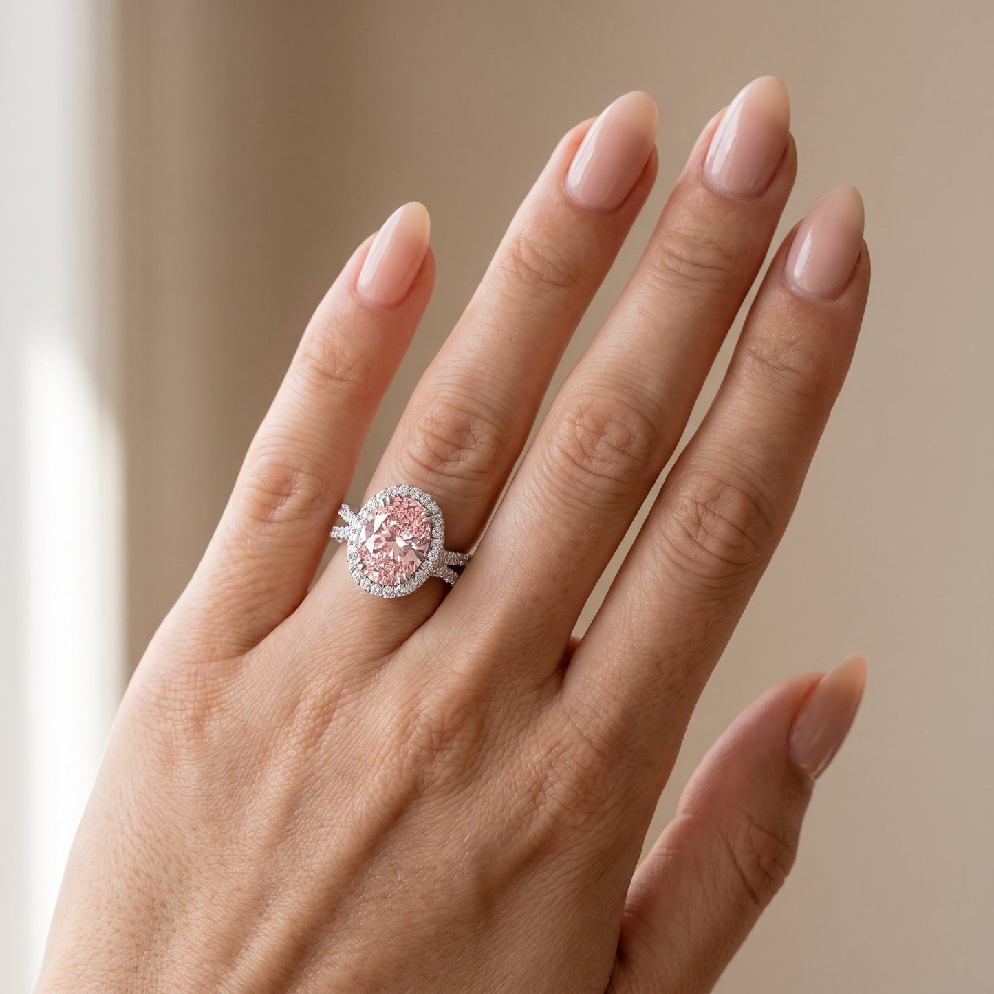 4Cttw Oval Shaped Pink Lab Grown Diamond (F/VS) Split Shank Halo Engagement Ring in 14K Gold