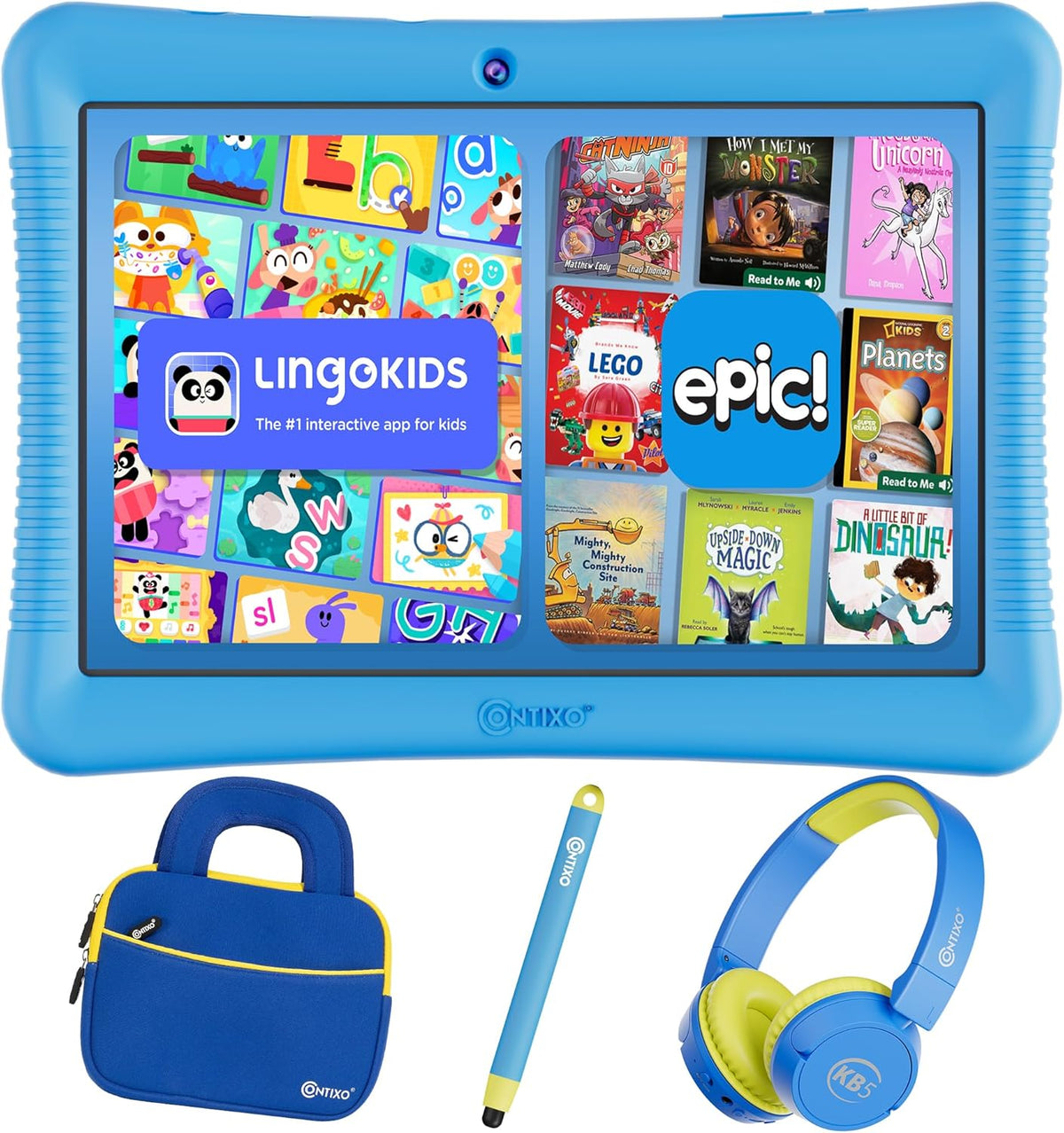 Contixo K102 10" Kids Tablet, Bluetooth Headphones, Tablet Bag, & Stylus Bundle