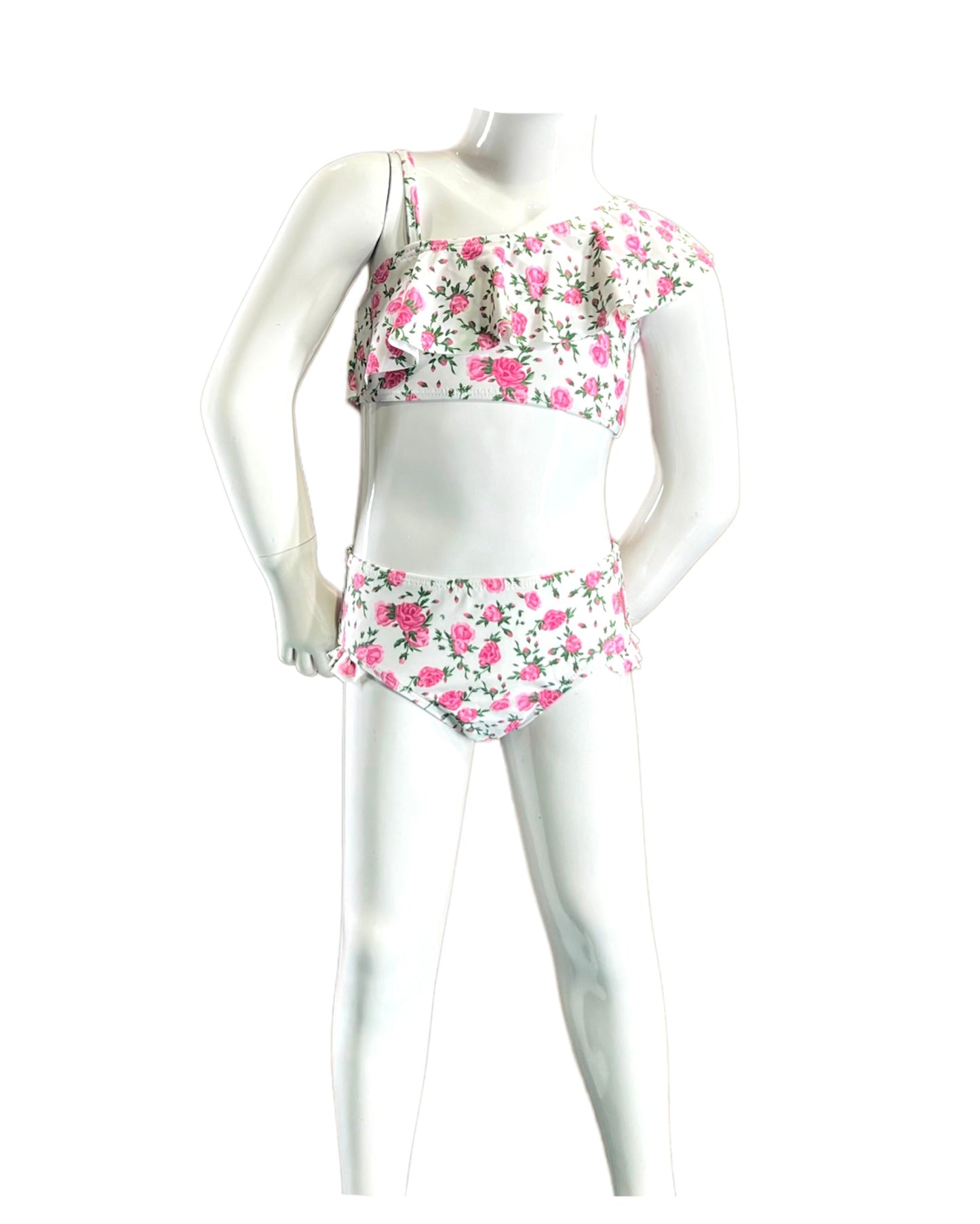 Marina West Ruffle Shoulder V-Neck One Piece Swimsuit (F1802) - Roses Off-White