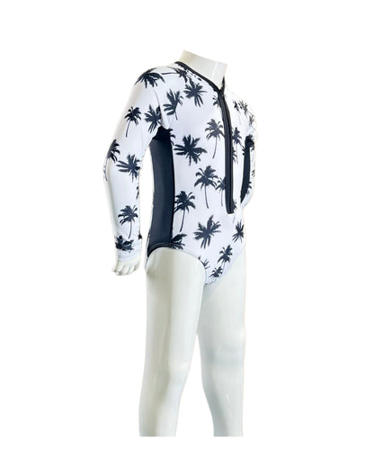 Marina West K4804 Rash Guard One Piece Swimsuit (Black Palms on White)