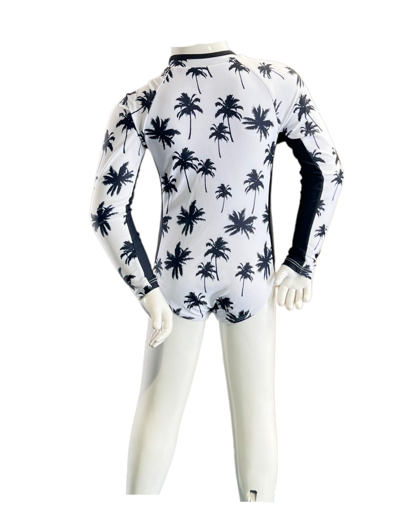 Marina West K4804 Rash Guard One Piece Swimsuit (Black Palms on White)