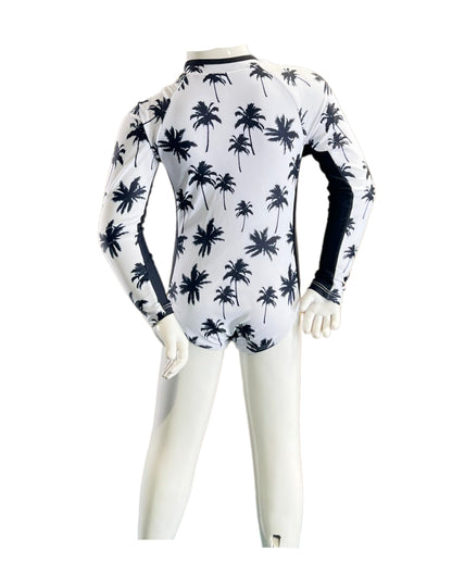 Marina West K4804 Rash Guard One Piece Swimsuit (Black Palms on White)