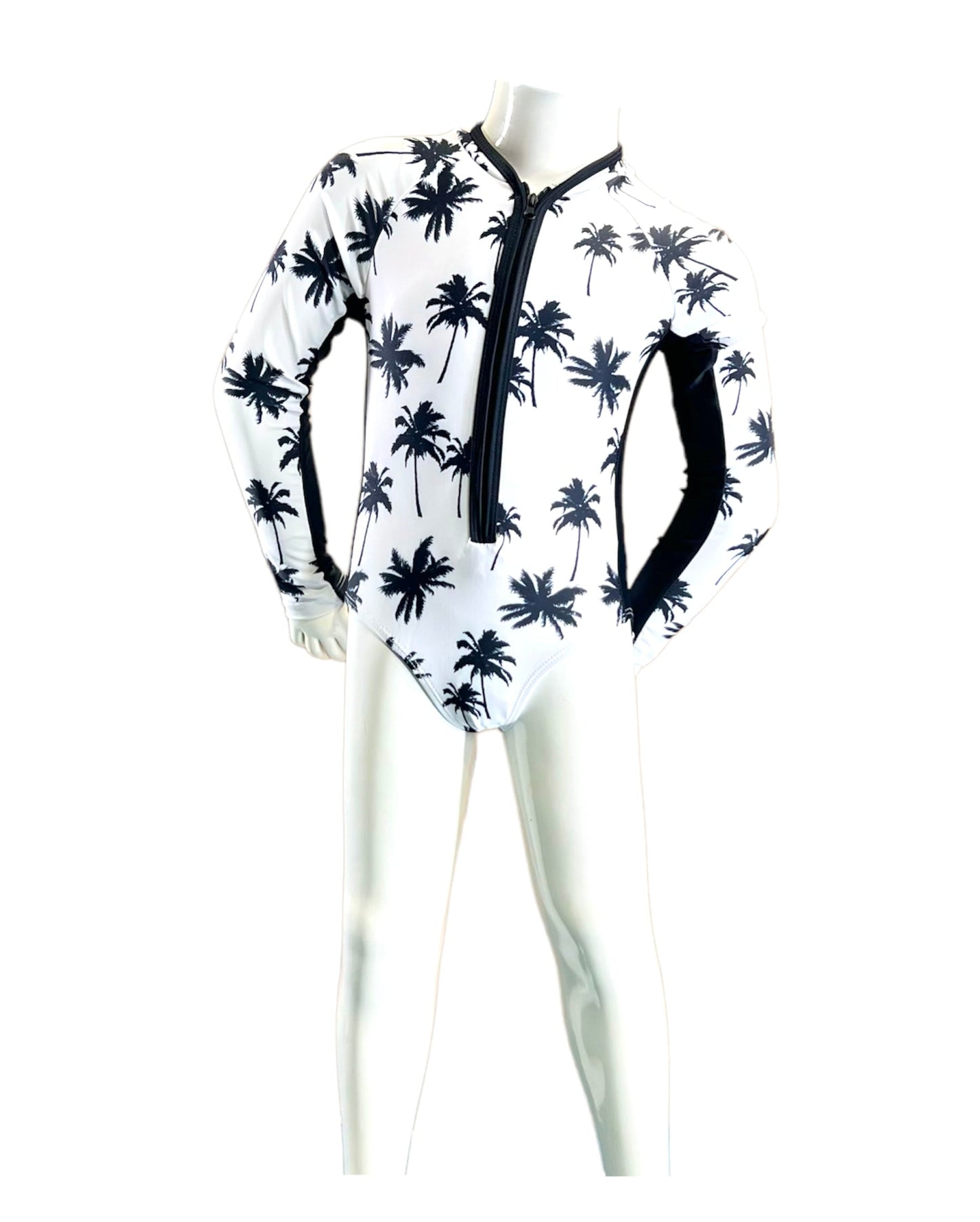 Marina West K4804 Rash Guard One Piece Swimsuit (Black Palms on White)