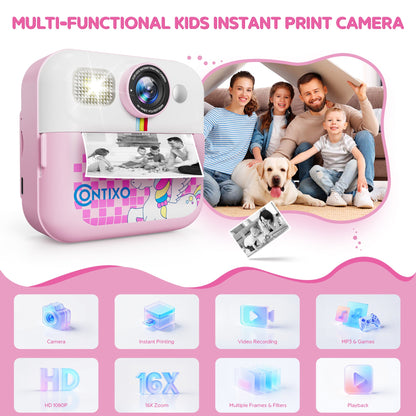 Contixo KC4  Kids Instant Print Camera, HD 1080P Digital Camera With 3 Rolls of Paper & 32G Card, 16X Zoom, Games & MP3, Ages 3-12
