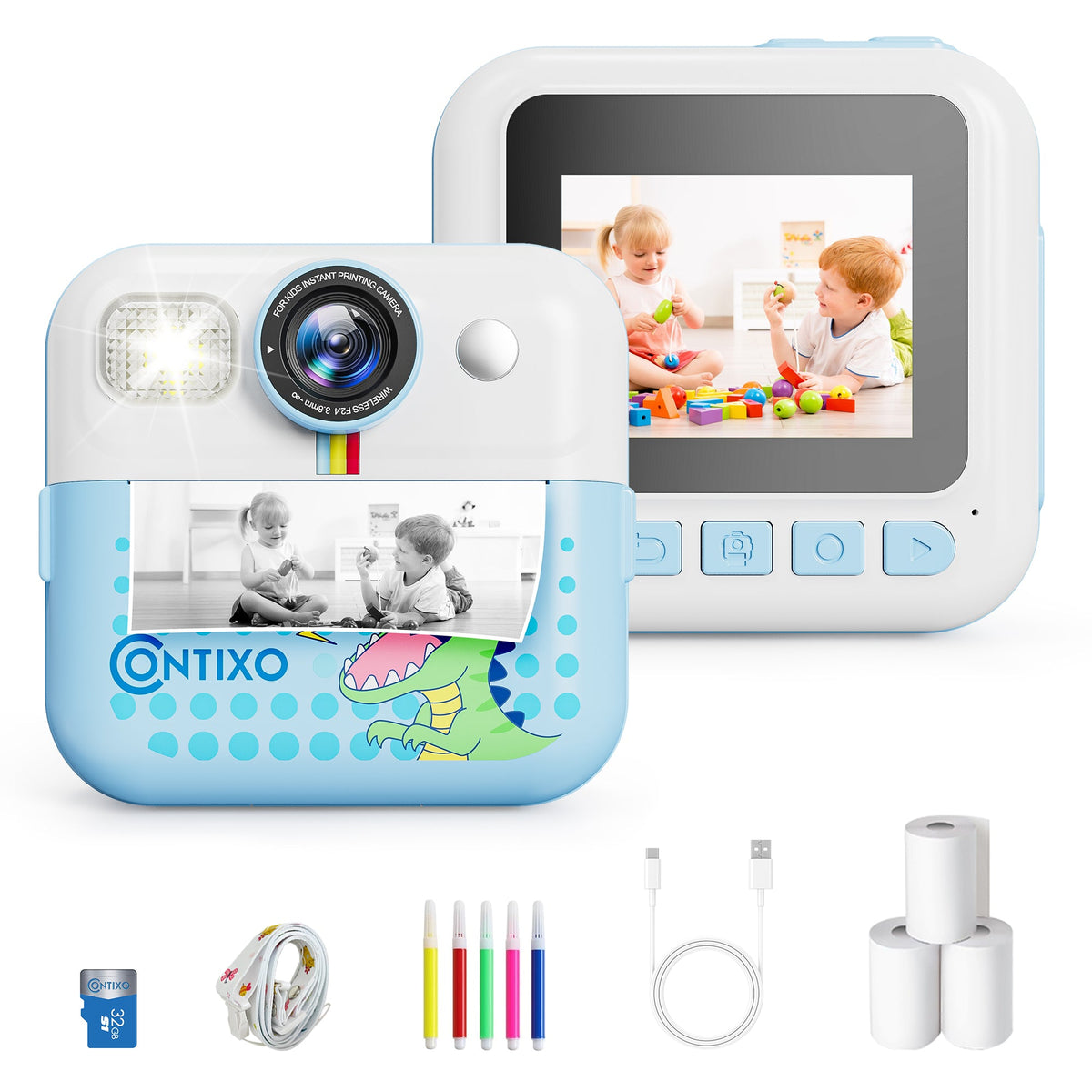 Contixo KC4  Kids Instant Print Camera, HD 1080P Digital Camera With 3 Rolls of Paper & 32G Card, 16X Zoom, Games & MP3, Ages 3-12