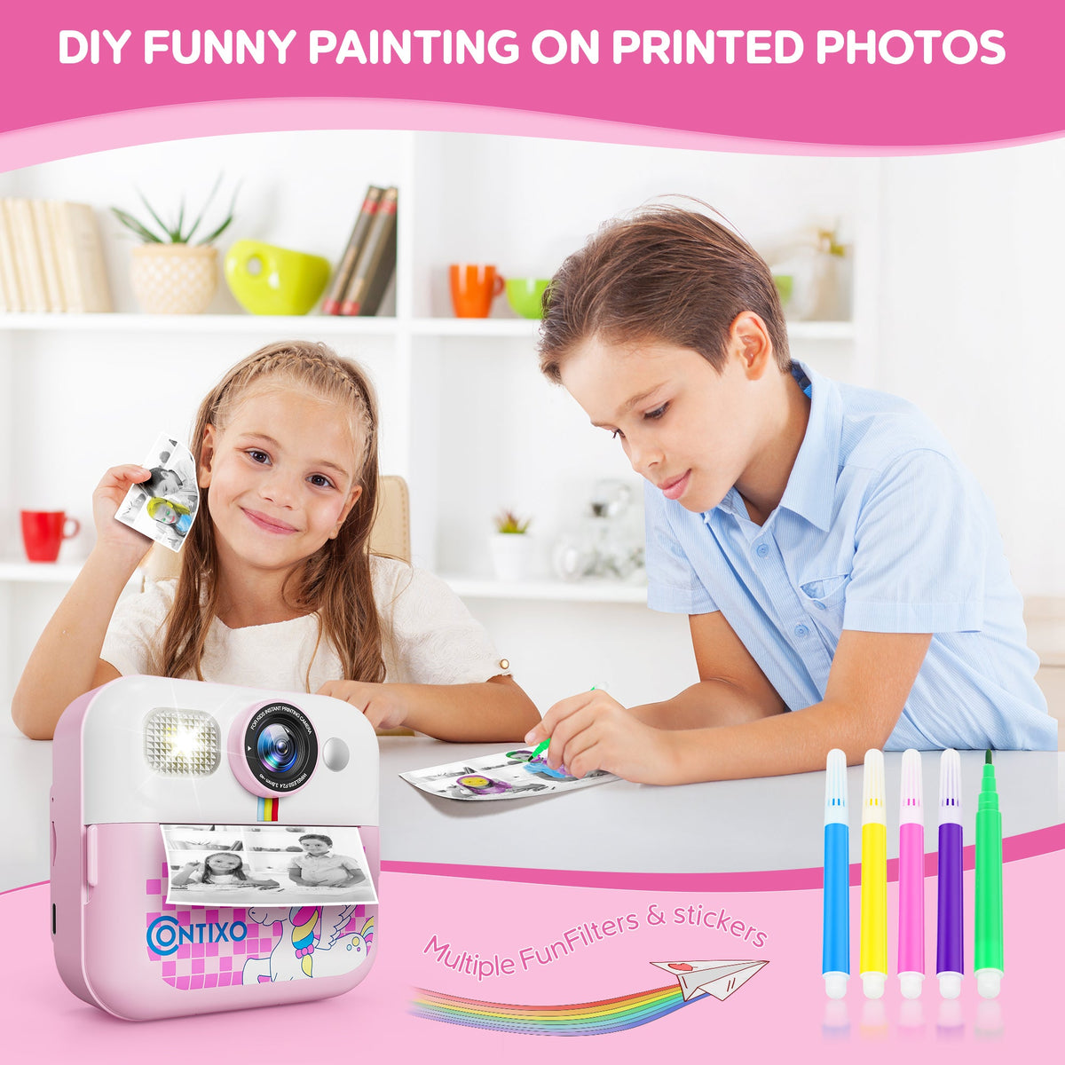 Contixo KC4  Kids Instant Print Camera, HD 1080P Digital Camera With 3 Rolls of Paper & 32G Card, 16X Zoom, Games & MP3, Ages 3-12
