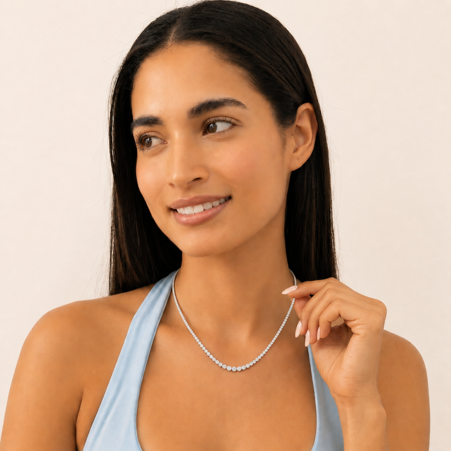 Round (F/VS) Lab Grown Diamond Prong 14K White Gold Graduating Full Riviera Tennis Necklace