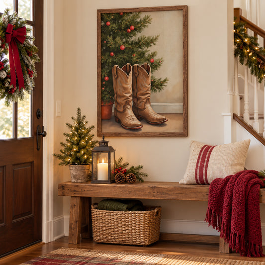 Kendrick Home Cowboy Boots By Christmas Tree