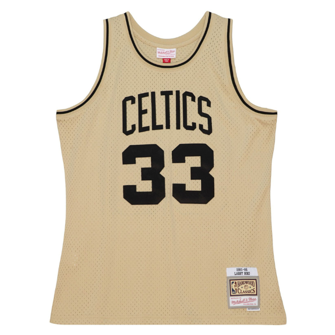 Men's Mitchell & Ness Khaki Black Swingman Jersey Celtics 1985 Larry Bird