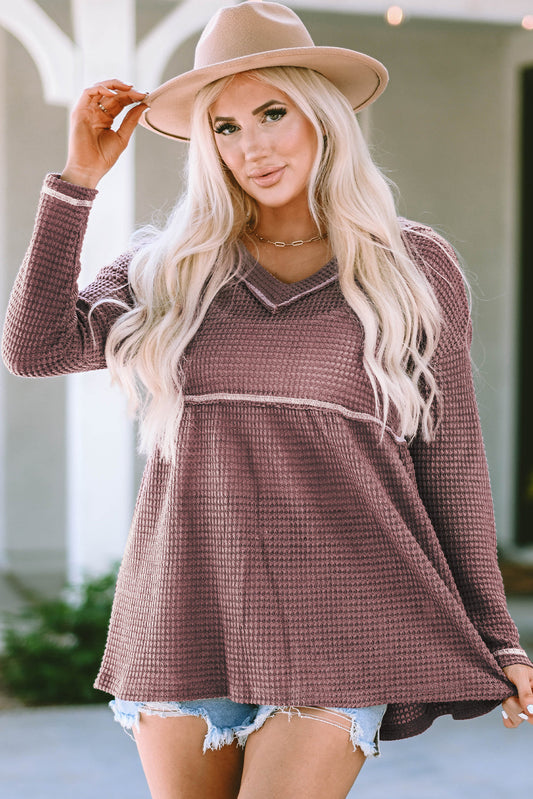 Threaded Pear Liana Waffle Knit V Neck Long Sleeve Babydoll Top