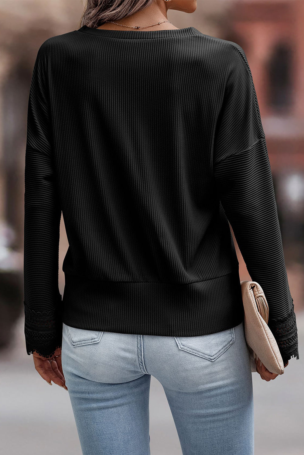 Threaded Pear Lola Ribbed Texture Lace Trim V Neck Long Sleeve Top
