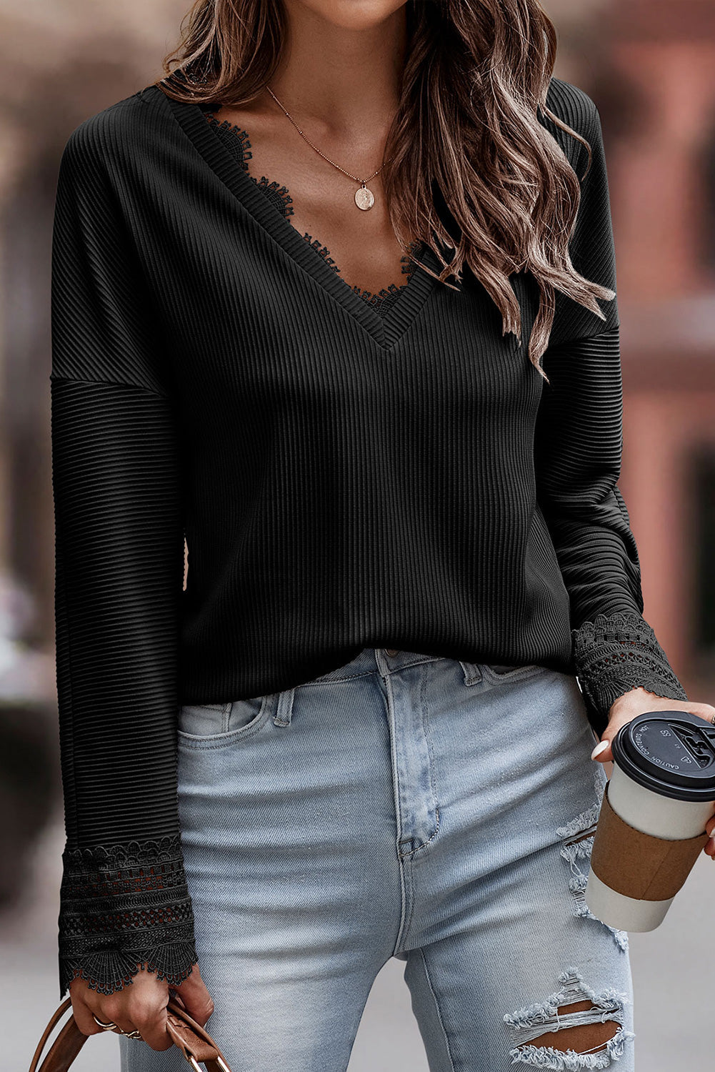 Threaded Pear Lola Ribbed Texture Lace Trim V Neck Long Sleeve Top