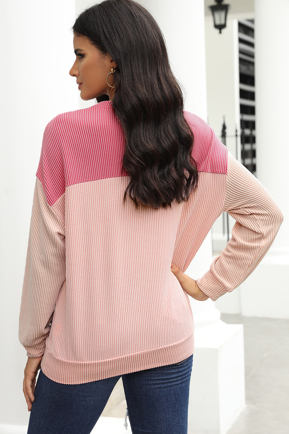 Threaded Pear Rachel Block Long Sleeve Ribbed Loose Top