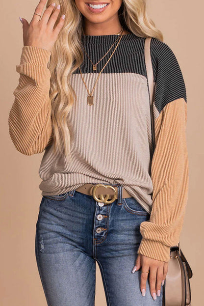 Threaded Pear Rachel Block Long Sleeve Ribbed Loose Top