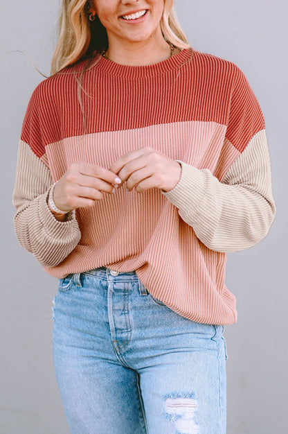 Threaded Pear Rachel Block Long Sleeve Ribbed Loose Top