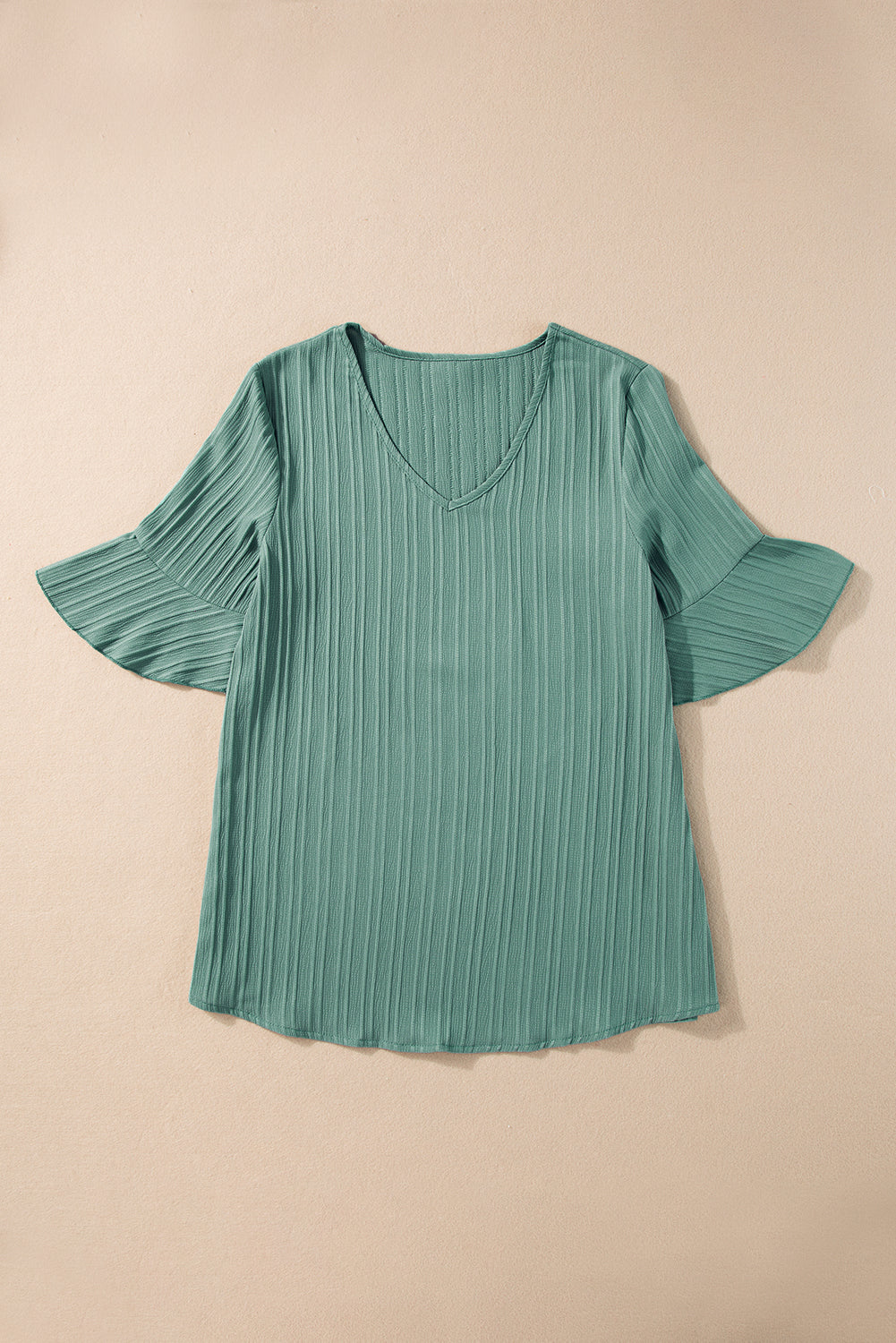 Threaded Pear Capri Ruffled Half Sleeve V Neck Textured Top