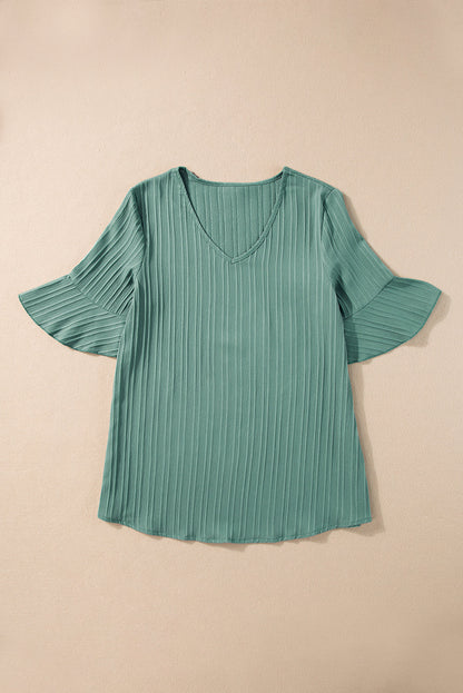 Threaded Pear Capri Ruffled Half Sleeve V Neck Textured Top
