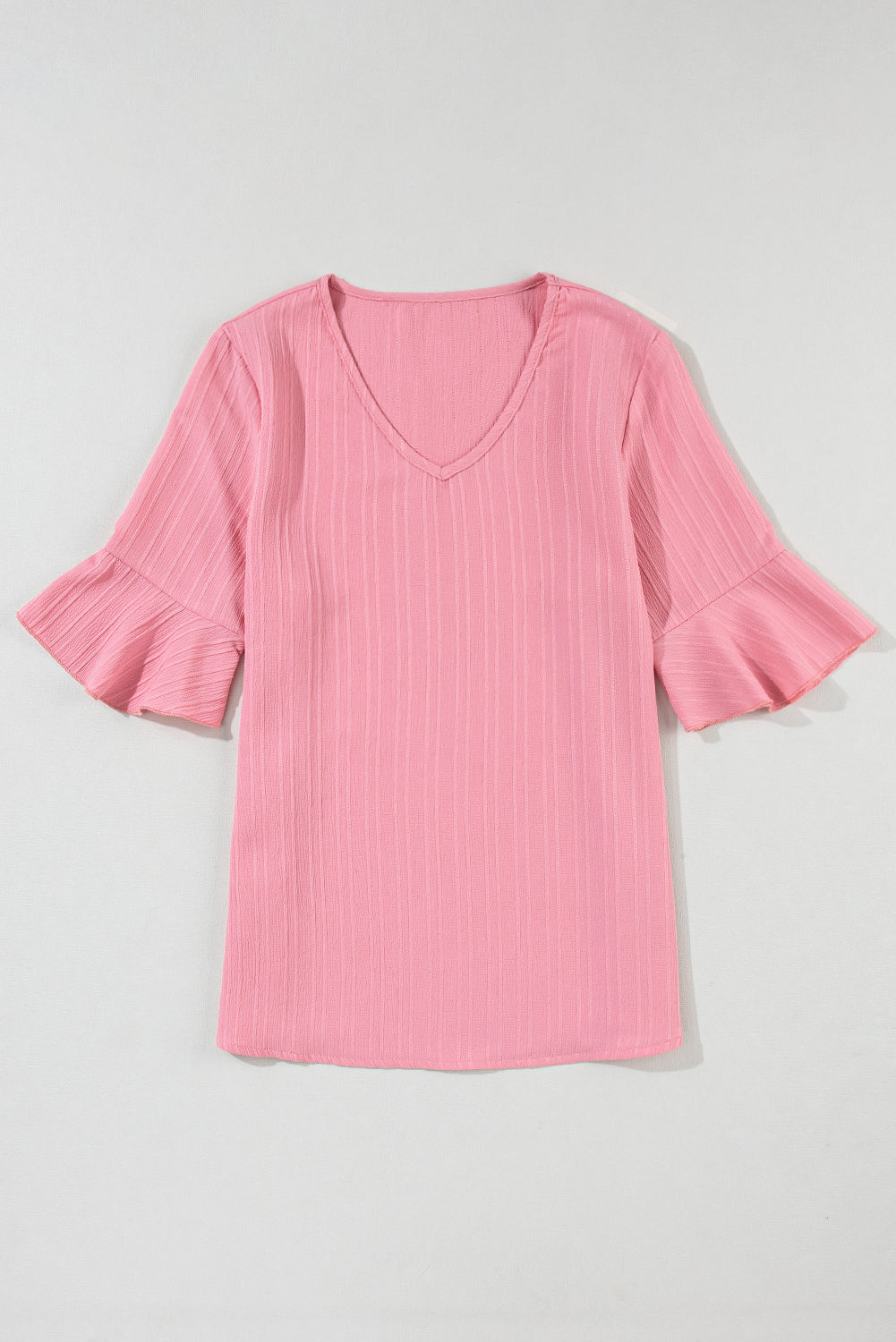 Threaded Pear Capri Ruffled Half Sleeve V Neck Textured Top.