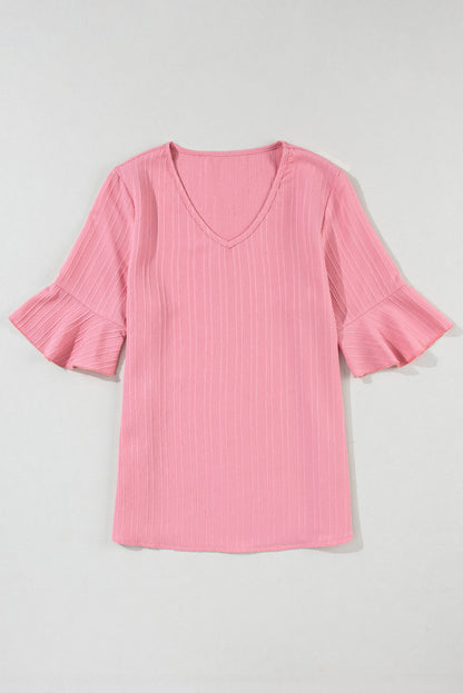 Threaded Pear Capri Ruffled Half Sleeve V Neck Textured Top