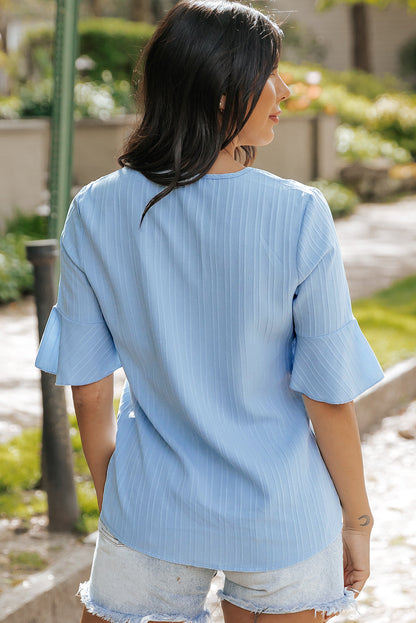 Threaded Pear Capri Ruffled Half Sleeve V Neck Textured Top