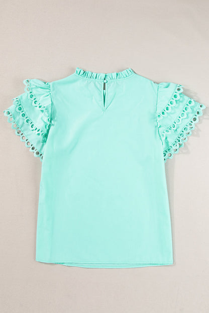 Jessie Layered Ric Rac Cap Sleeve Filled Neck Blouse - Threaded Pear