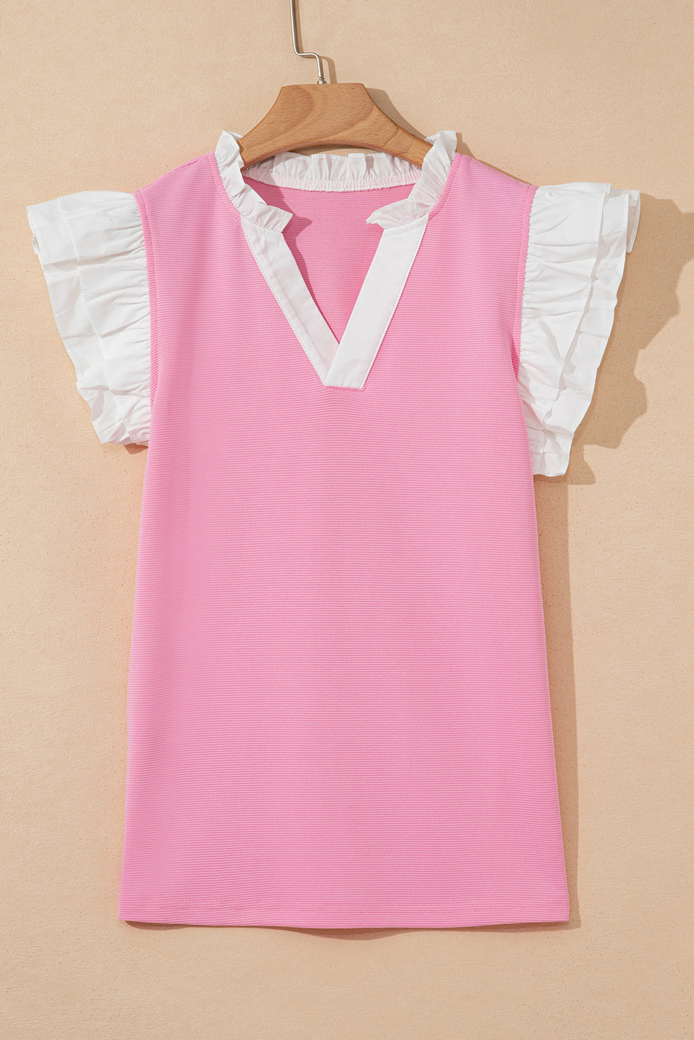 Threaded Pear Serena Contrast V Neck Ruffled Textured Knit Top
