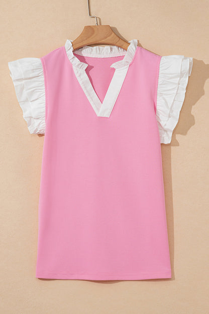 Threaded Pear Serena Contrast V Neck Ruffled Textured Knit Top
