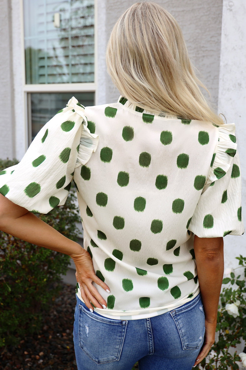 Threaded Pear Nylah Polka Dot Shirred Yoke Blouse
