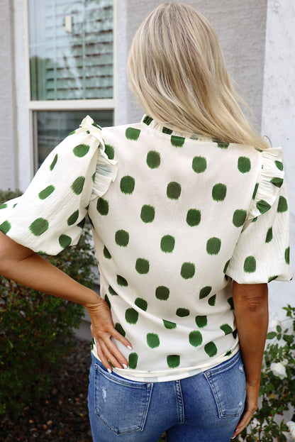 Threaded Pear Nylah Polka Dot Shirred Yoke Blouse