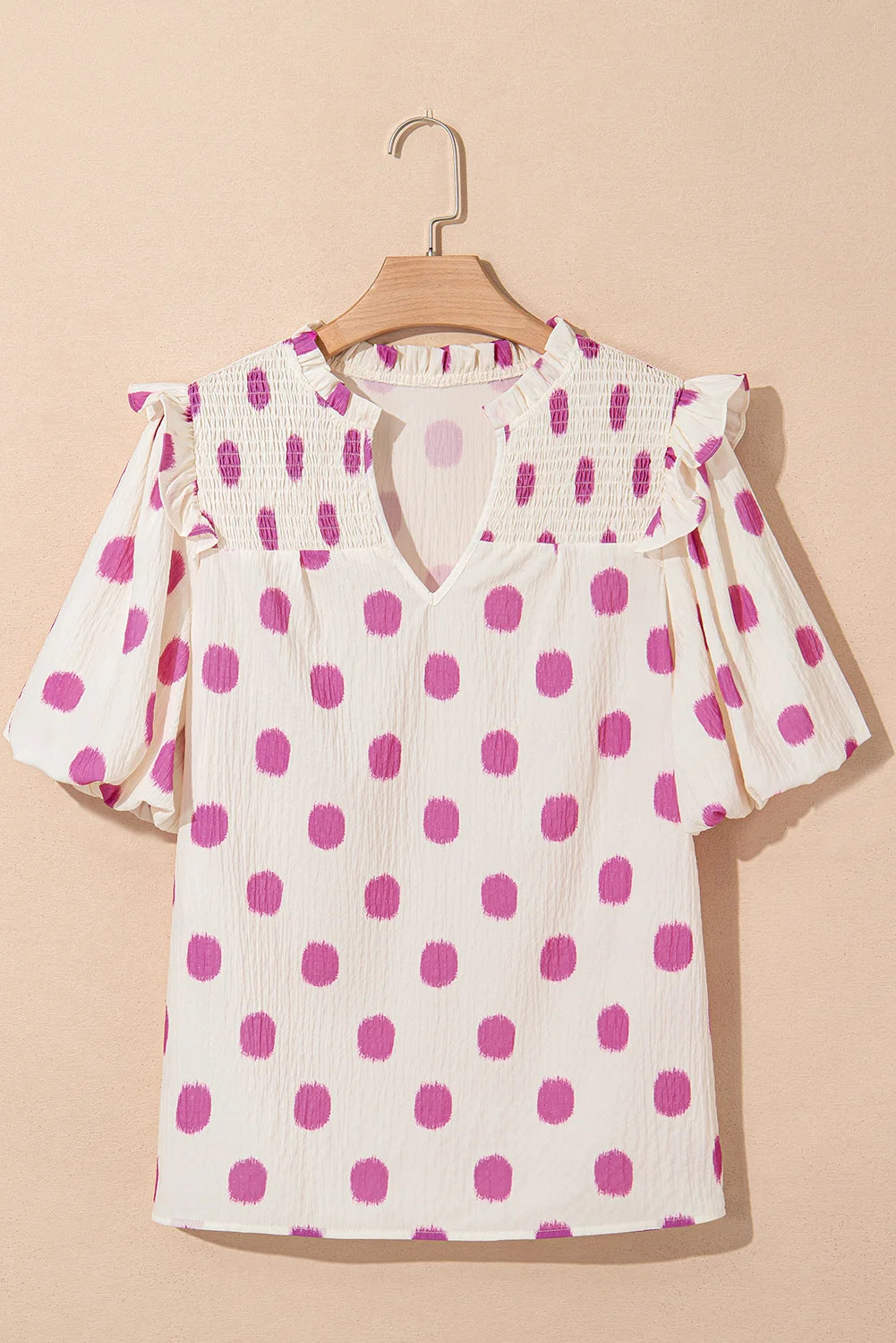 Threaded Pear Nylah Polka Dot Shirred Yoke Blouse