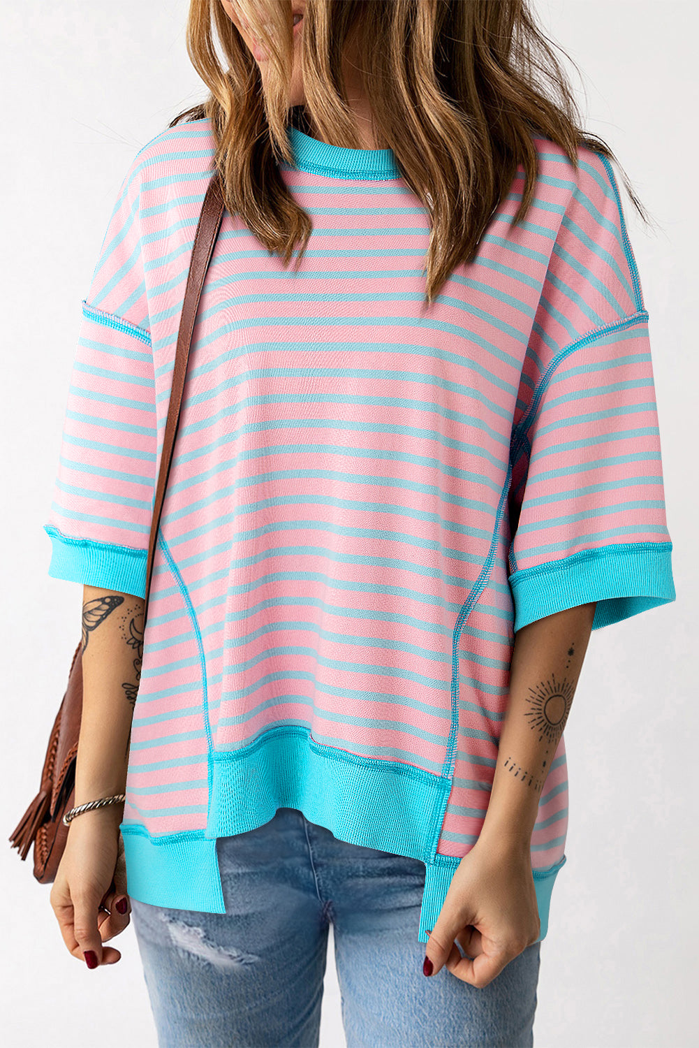 Threaded Pear Adley Stripe Oversized Exposed Seam High Low Top