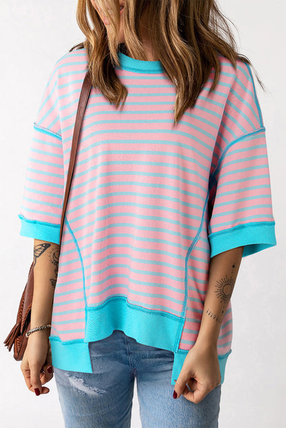 Threaded Pear Adley Stripe Oversized Exposed Seam High Low Top