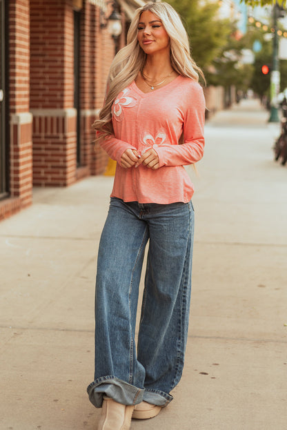 Threaded Pear Rachel Floral Patchwork V Neck Long Sleeve Top