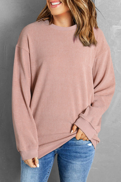 Threaded Pear Faith Solid Ribbed Knit Round Neck Pullover Sweatshirt