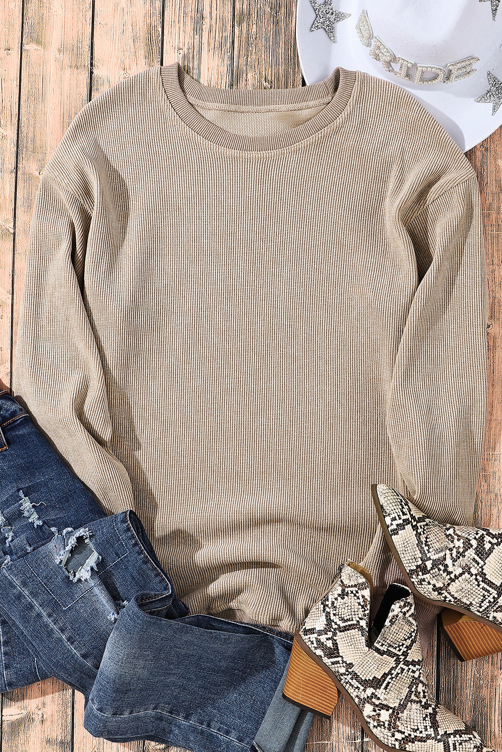 Faith Solid Ribbed Knit Round Neck Pullover Sweatshirt - Threaded Pear