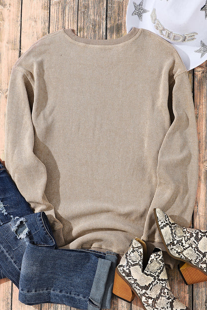 Threaded Pear Faith Solid Ribbed Knit Round Neck Pullover Sweatshirt
