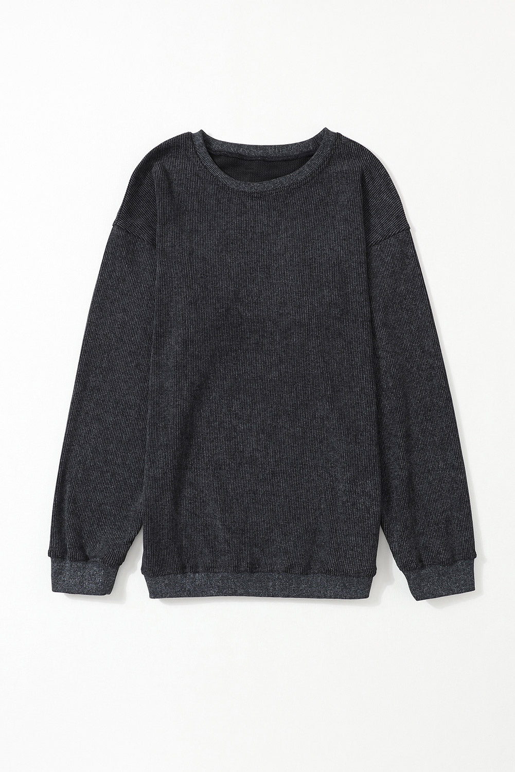 Faith Solid Ribbed Knit Round Neck Pullover Sweatshirt - Threaded Pear