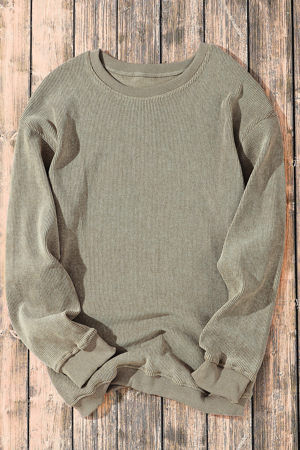 Threaded Pear Faith Solid Ribbed Knit Round Neck Pullover Sweatshirt