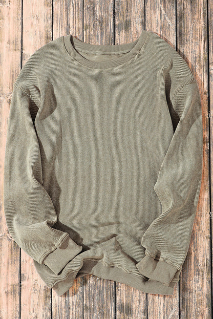 Threaded Pear Faith Solid Ribbed Knit Round Neck Pullover Sweatshirt