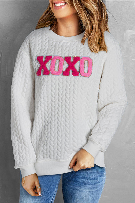 Threaded Pear Logan XOXO Glitter Chenille Cable Knit Pullover Sweatshirt