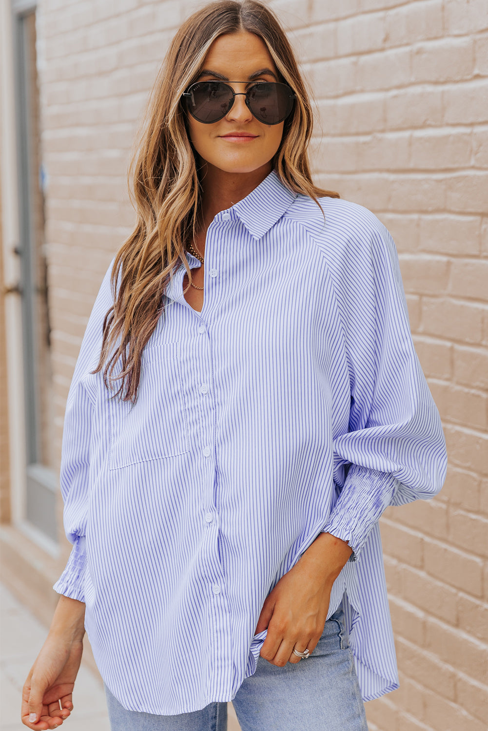 Threaded Pear Skye Smocked Cuffed Striped Boyfriend Shirt with Pocket